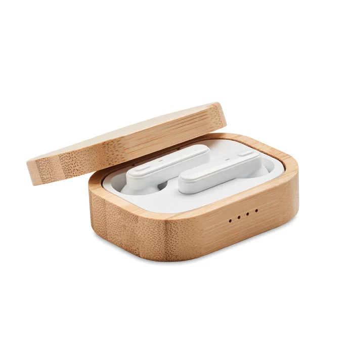 Fones TWS em caixa de bambu